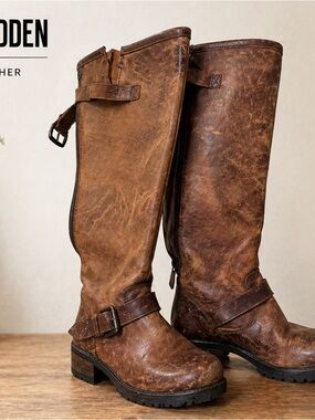 Steve Madden Brown Distressed Leather Knee High Riding Moto Boots Buckle Zip. 37